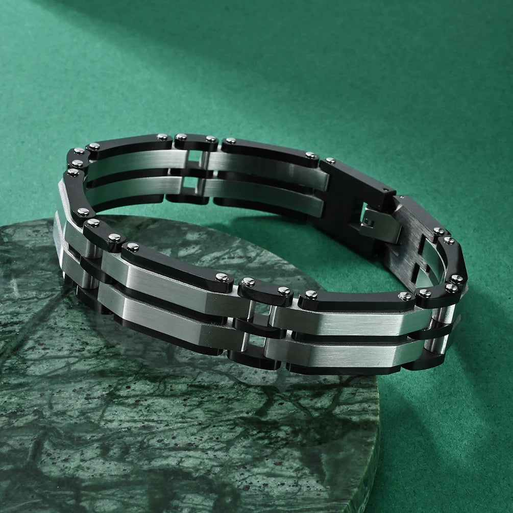 REBEL Alin Western Style Interlinked Rectangular Links Jewelry Stainless Steel Bracelet for Men Unisex