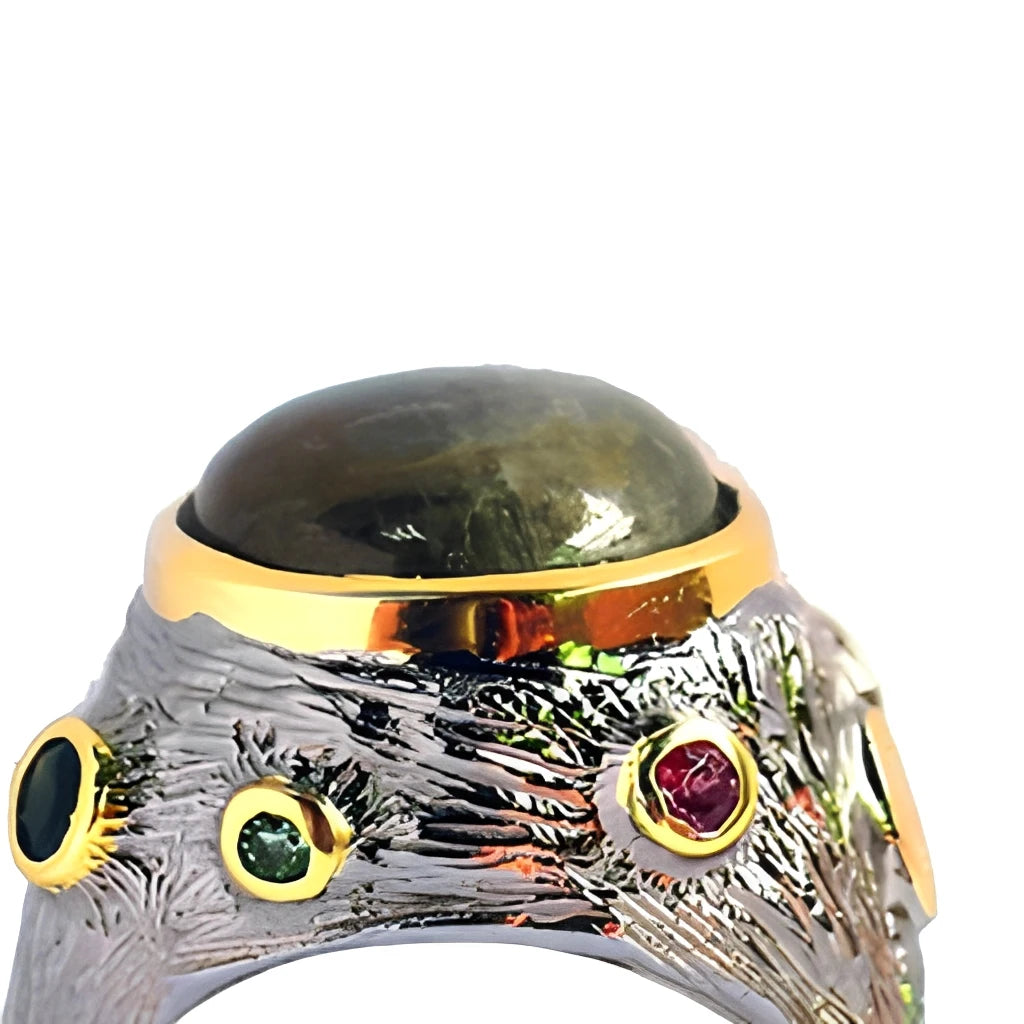 925 Sterling Silver Ring with Tourmaline Design Labradorite Stone Thailand CLASSIC Gemstone Rings