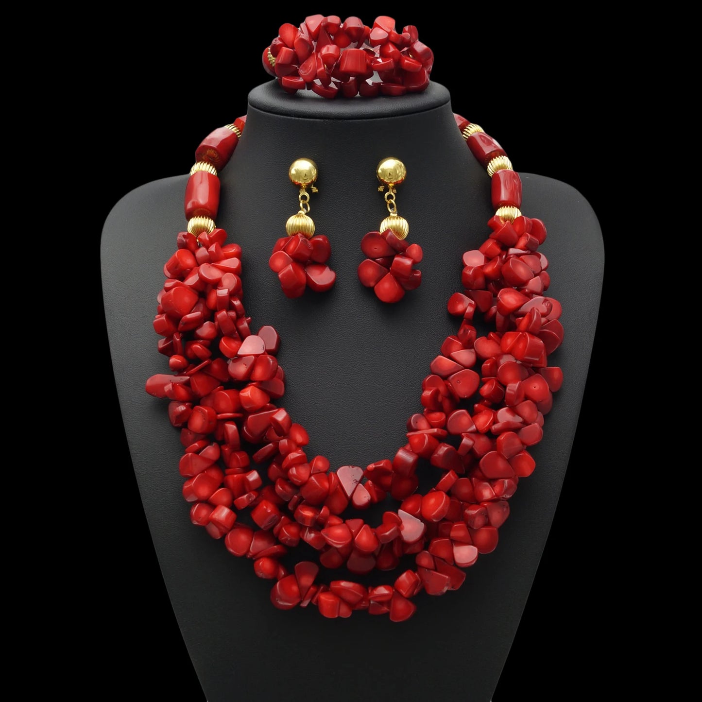 Zhuerrui Elegant Red Coral Beads Design Set Gold Accessories Necklace Sets Exquisite Craftsmanship Suitable for Party HF17041302