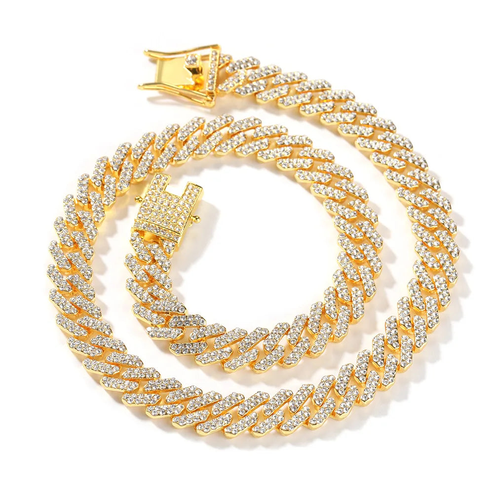 BiG-BOSS Men's Simple Geometric 12mm Crystal Rhinestone Link Chain Necklace and Bracelet Hip Hop Style Zinc Alloy Jewelry