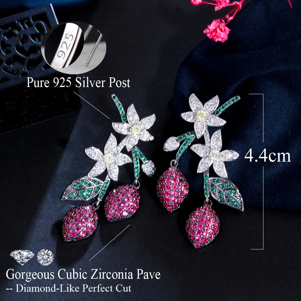 S&S Red CZ Flower Leaf Water Drop Dangle Earrings | Two-Tone | 925 Pin | NewLife