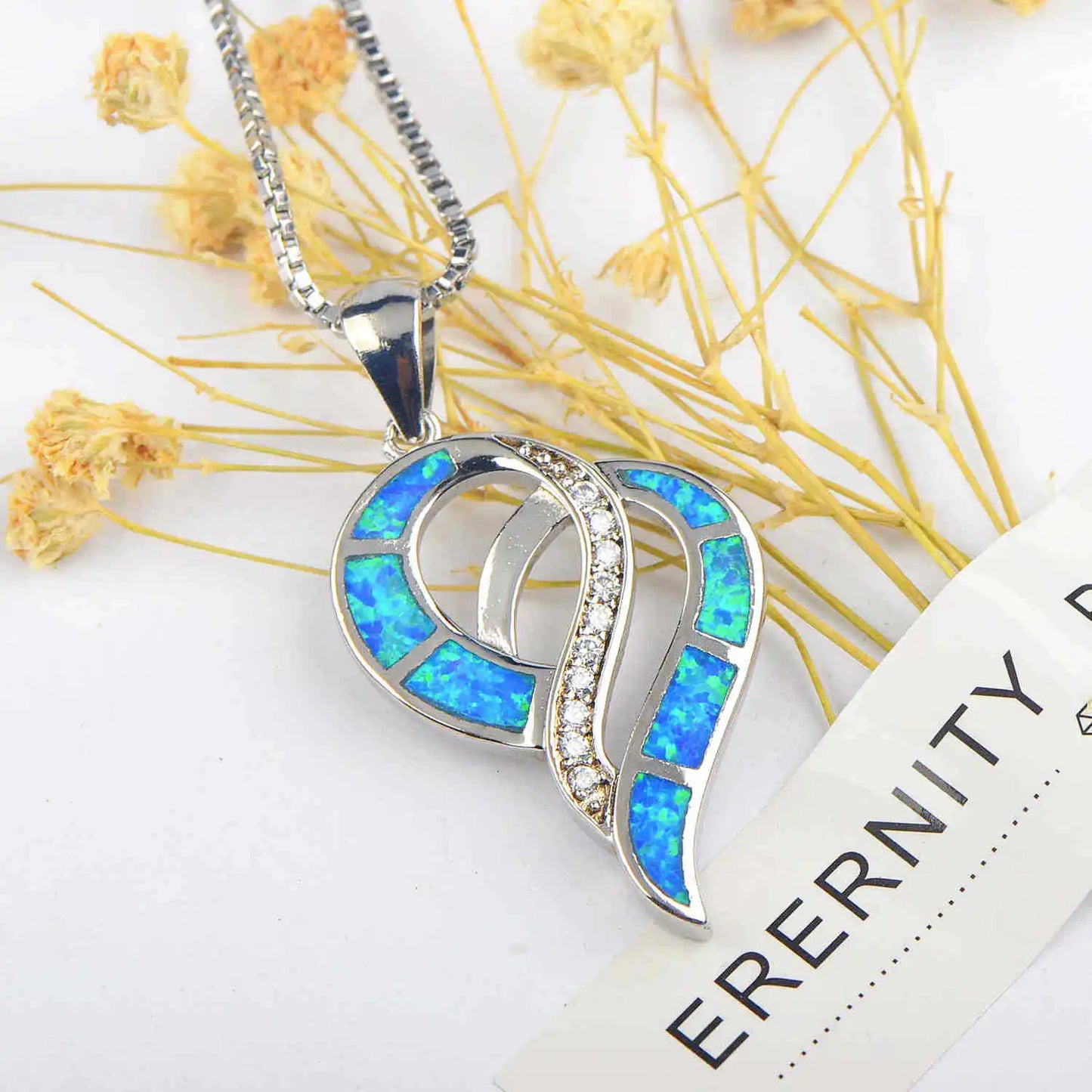 Aobao Copper Heart-shaped Pendant Necklace with Link Chain Silver Plated Inlaid Opal-Women's Gift Jewelry
