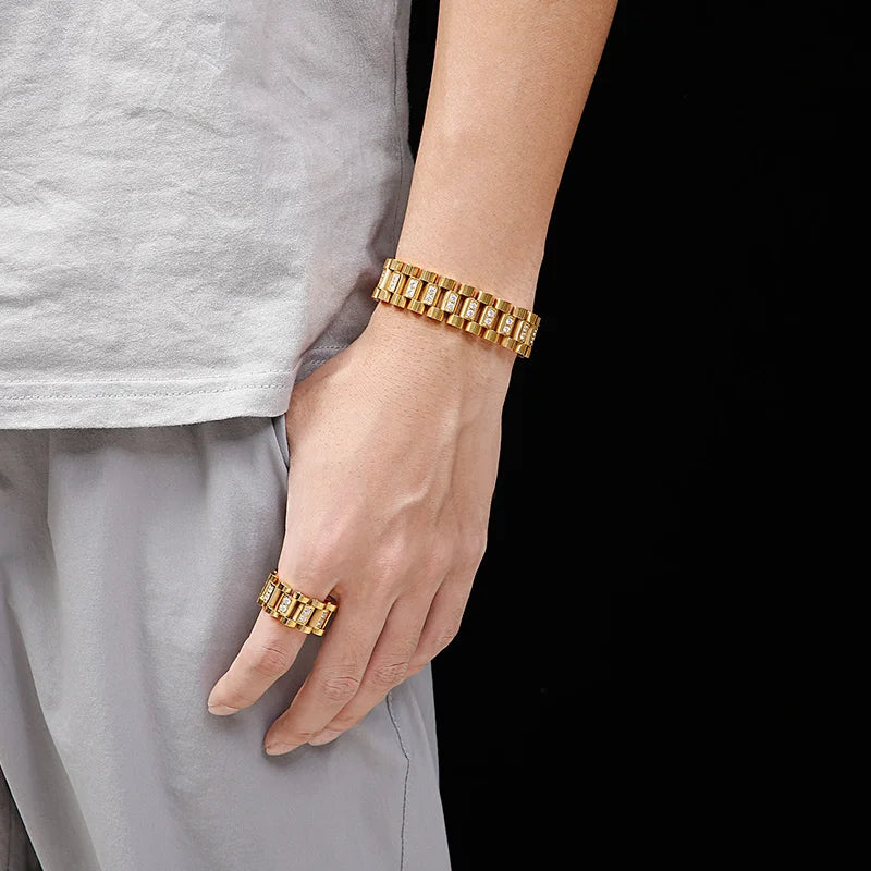 KALEN Hip Hop CZ Gold Silver Titanium Stainless Steel Biker Belt Bracelet for Men