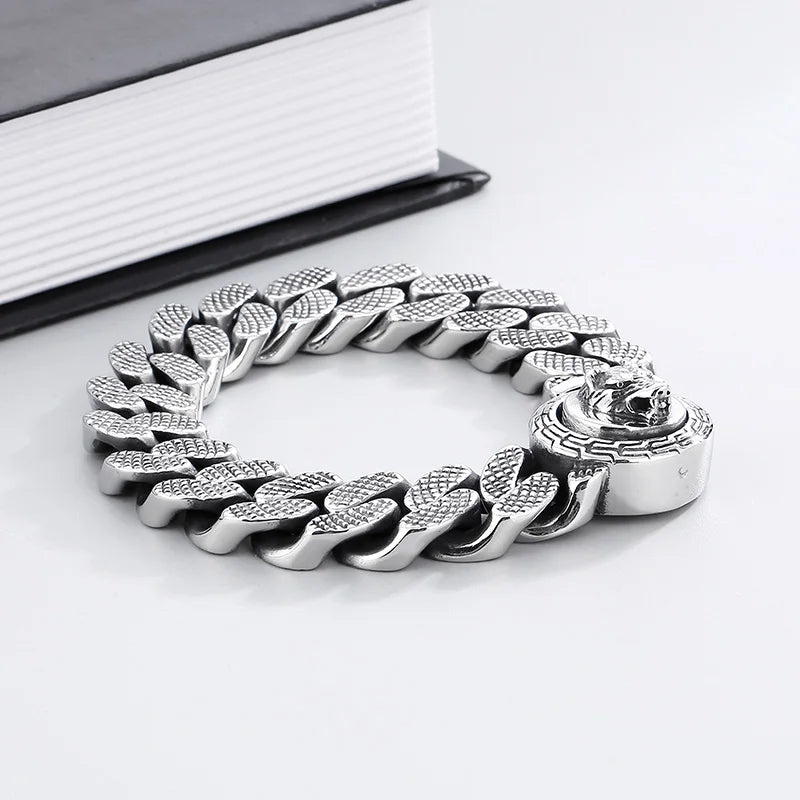 KALEN 220mm Men Punk Stainless Steel Cuban Link Bracelet With Wolf Pattern Round Clasp