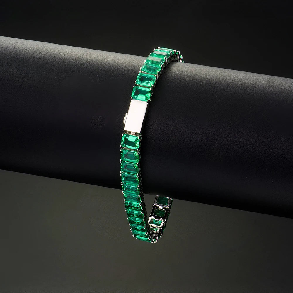 Custom 925 Sterling Silver 5x7mm Cluster Lab Grown Emerald Green Gemstone Columbian Unisex Tennis Link Chain Bracelet