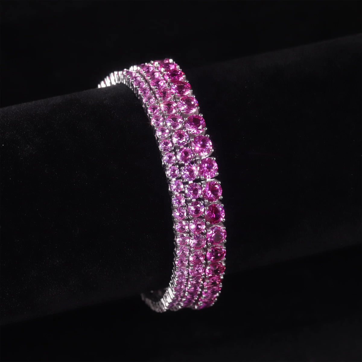 Gemfiori Women High Quality Color Gemstone Bracelet Round Brilliant Cut 4MM Lab Grown Dark Pink Sapphire S925 Silver Tennis Bracelet