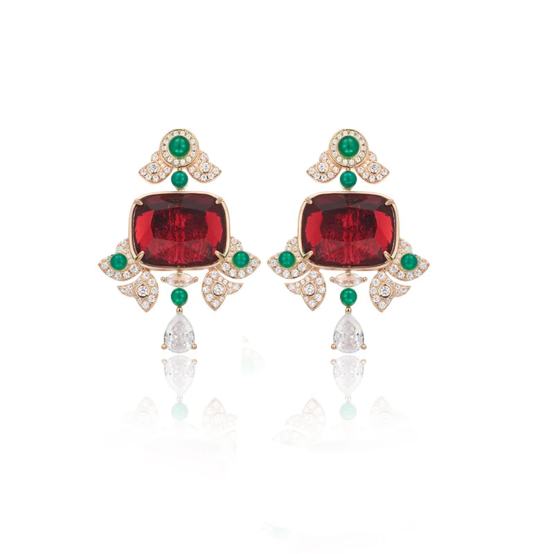 High Quality Rhodium Plated Jewelry Gifts Ruby Green Agate Women's Evening Dress Necklace Earrings Headdress Set