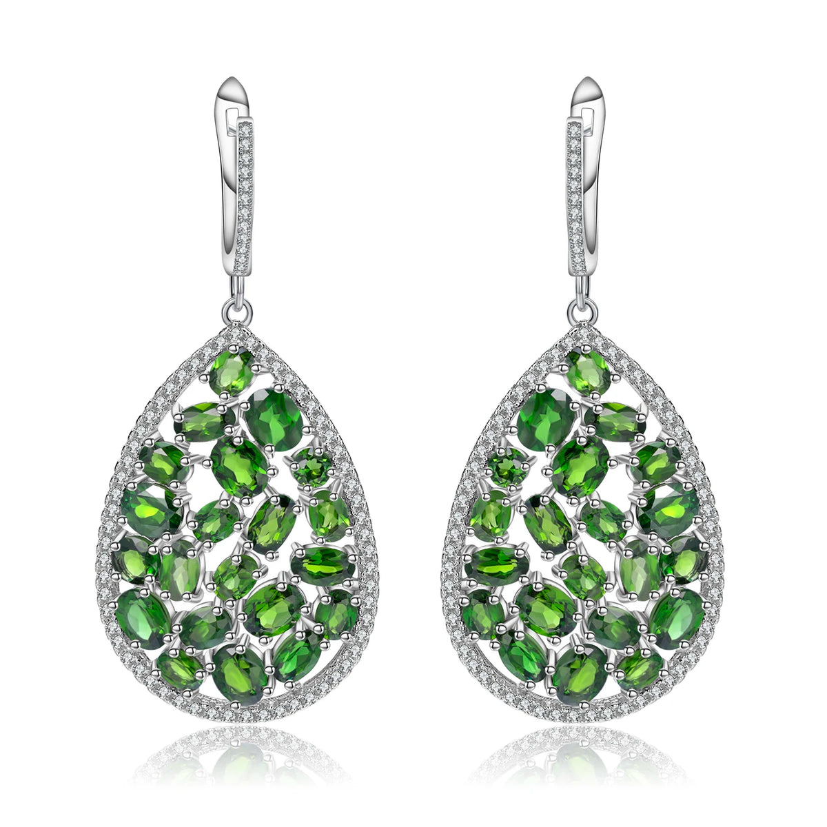 ArtistA Fancy Oval Cut Natural Chrome Diopside Cluster Setting Tear Water Drop Shape Pendant Earrings and Ring S925 3 Piece Jewelry Set