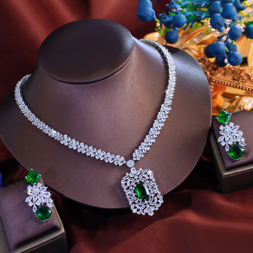 White Gold Color Blue Shiny Cubic Zircon Stone Indian Women Luxury Wedding Necklace and Earrings Costume Jewelry Set for Brides