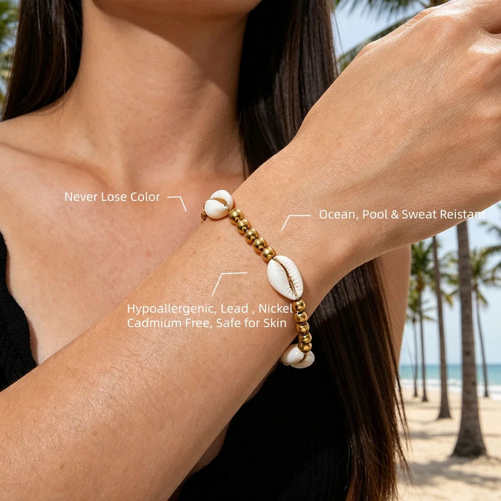 JOOLIM 18K PVD Gold Plated Waterproof Stainless Steel Fashion Shell Pendant Ball Bracelet for Women Wholesale Jewelry