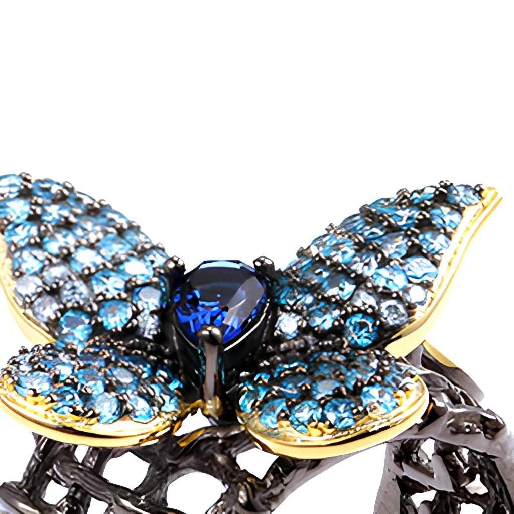Handmade Fashion Blue Butterfly 925 Sterling Silver Ring With Gold Plated