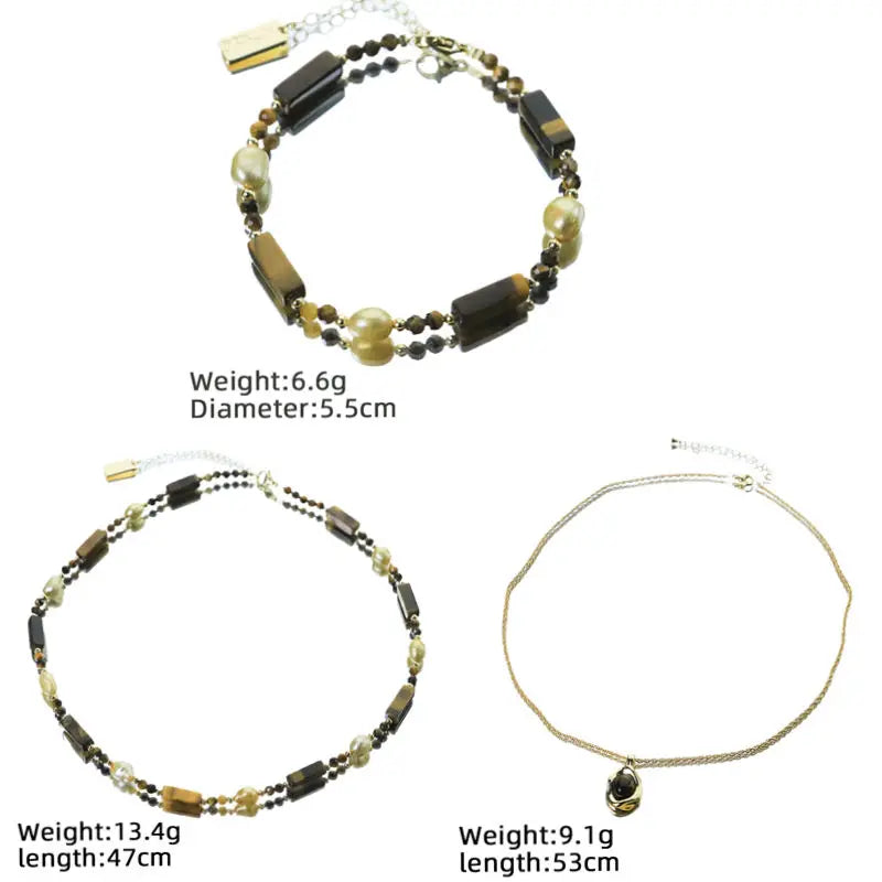 Natural Pearl Long Tiger Eye Stone Pendant Necklace Bracelet Set Luxurious Design Jewelry Set for Banquet Gift for Women GS0221