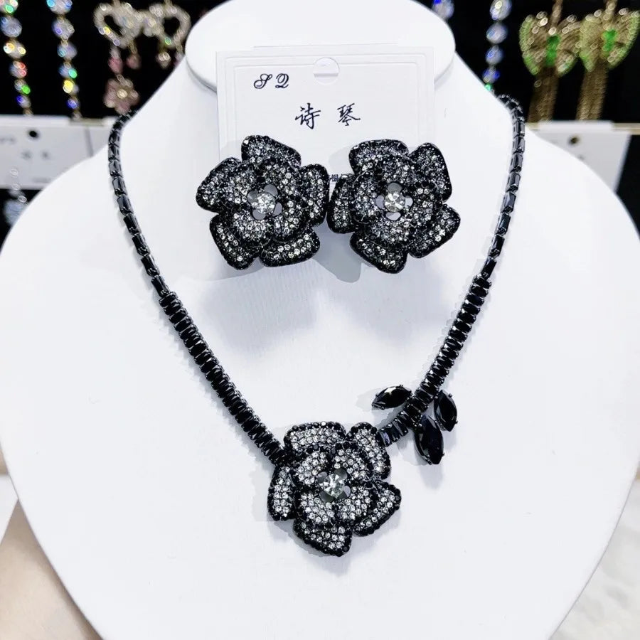 K094 Hot Selling Women Trendy Luxury Black Flower Zircon Necklace Earrings Set Wedding Elegant Jewelry Set