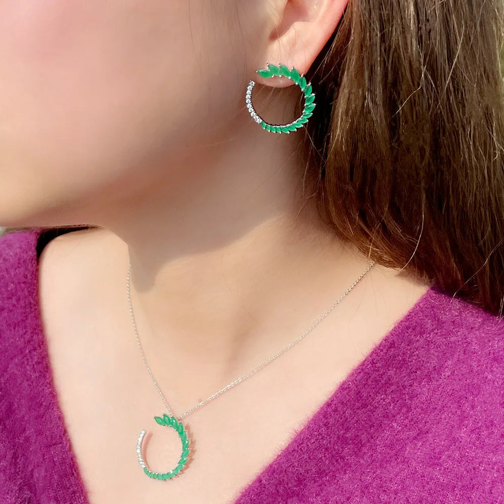 New Temperament Half Round Green Leaf Shaped Marquise Cut Cubic Zircon Crystal Stud Earrings and Necklace Jewelry Set for Women