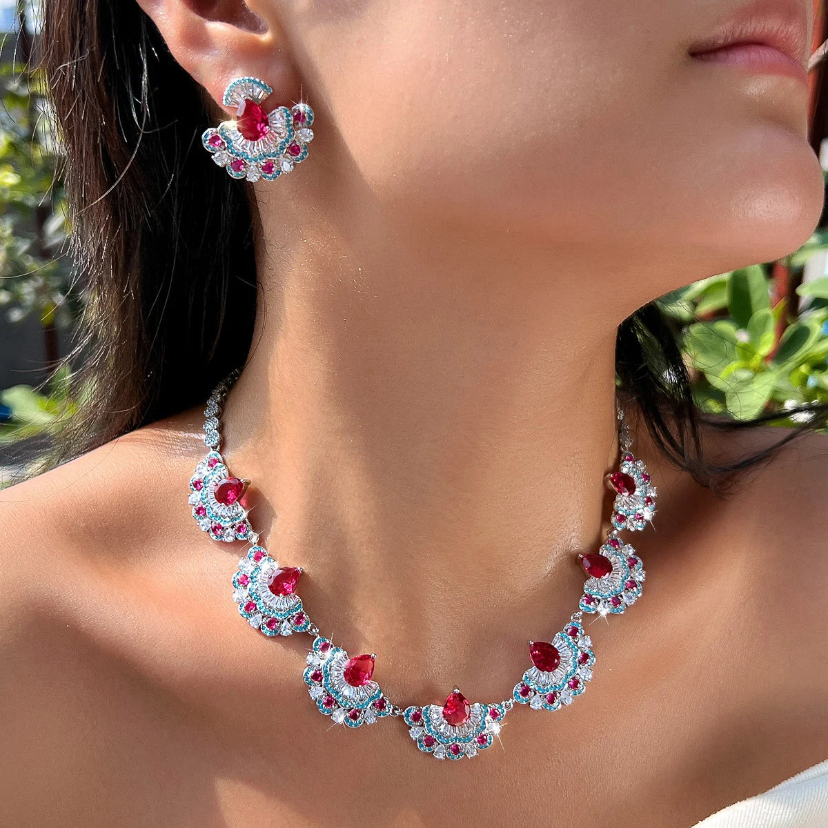 Beauty Jewelry Set Rhodium Plated Rose Red Turquoise CZ Dress Drop Tennis Jewelry Set for Women Brides Lady Costume Accessories