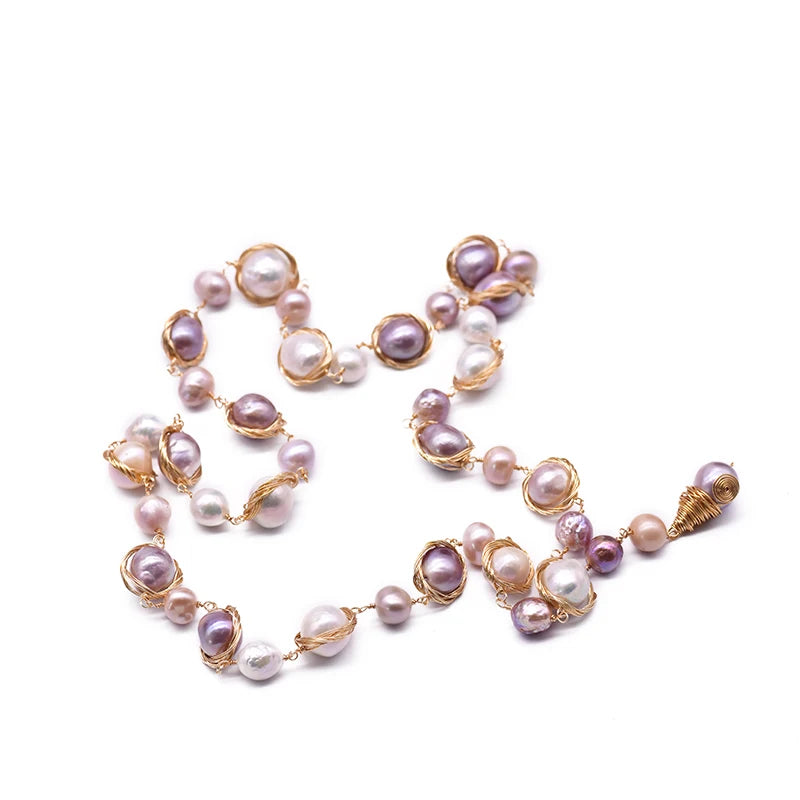 Naatura Fresh Water Multicolor Baroque Pearl Long Necklace for Engagement Mothers Day Women Handmade Jewelry