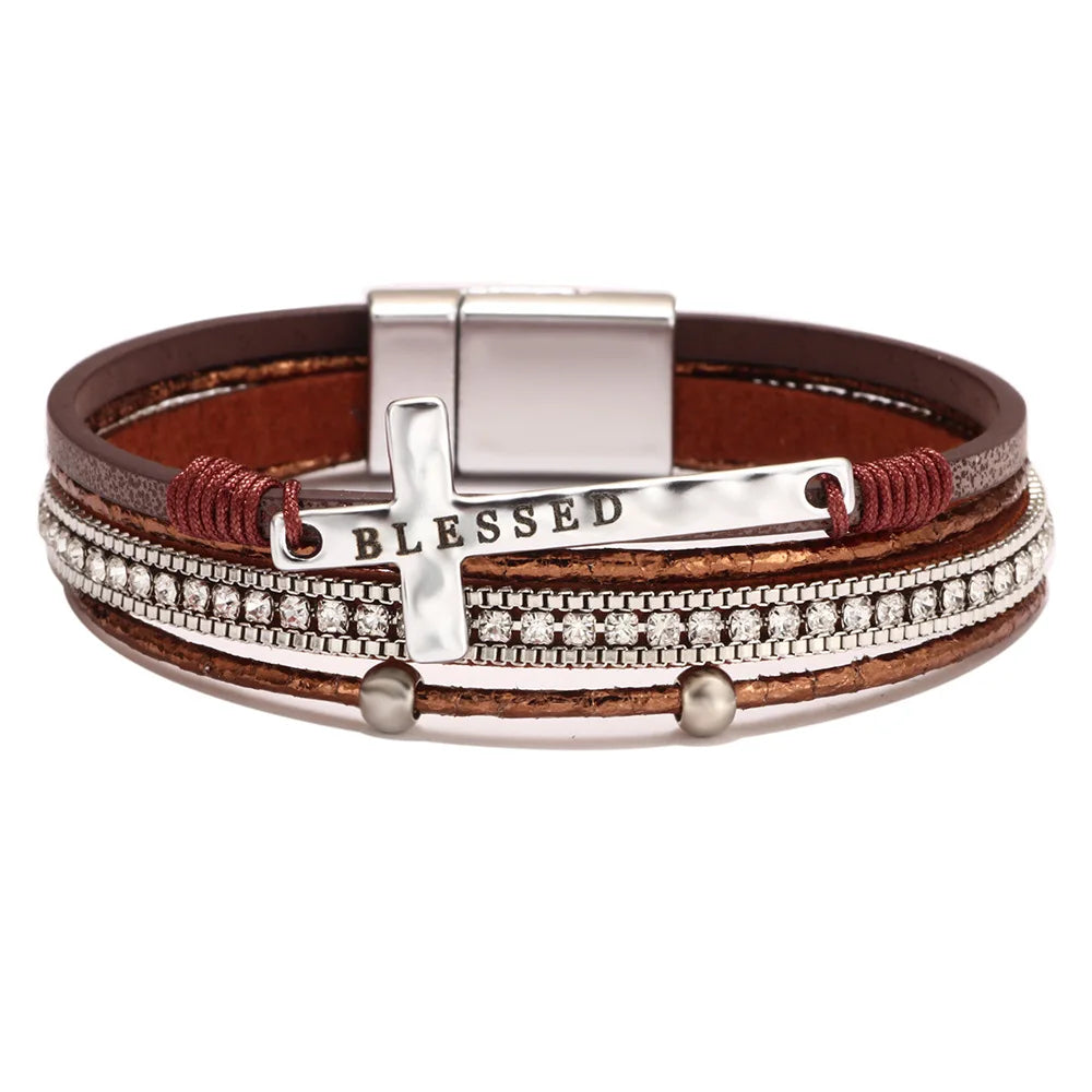 FASHIONISTA Women's Bohemian Cross Charm Bracelet Alloy Micro Diamond Channel Set Magnetic Buckle Customizable Light Luxury Okp