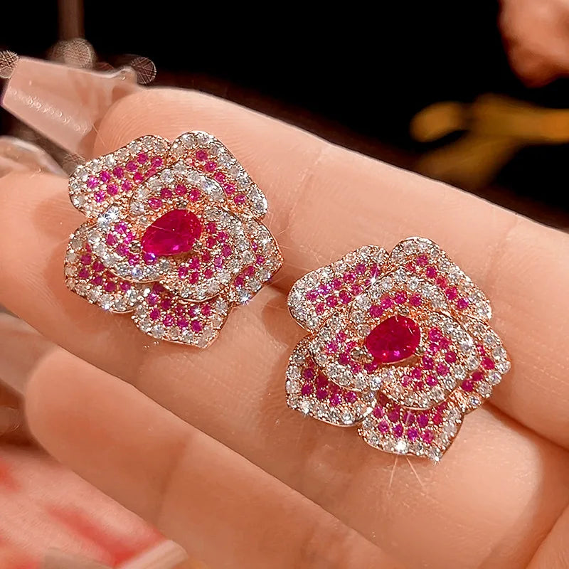 S&S Rose Gold Plated Pavé Red Zircon Floral Jewellery Set – Collection