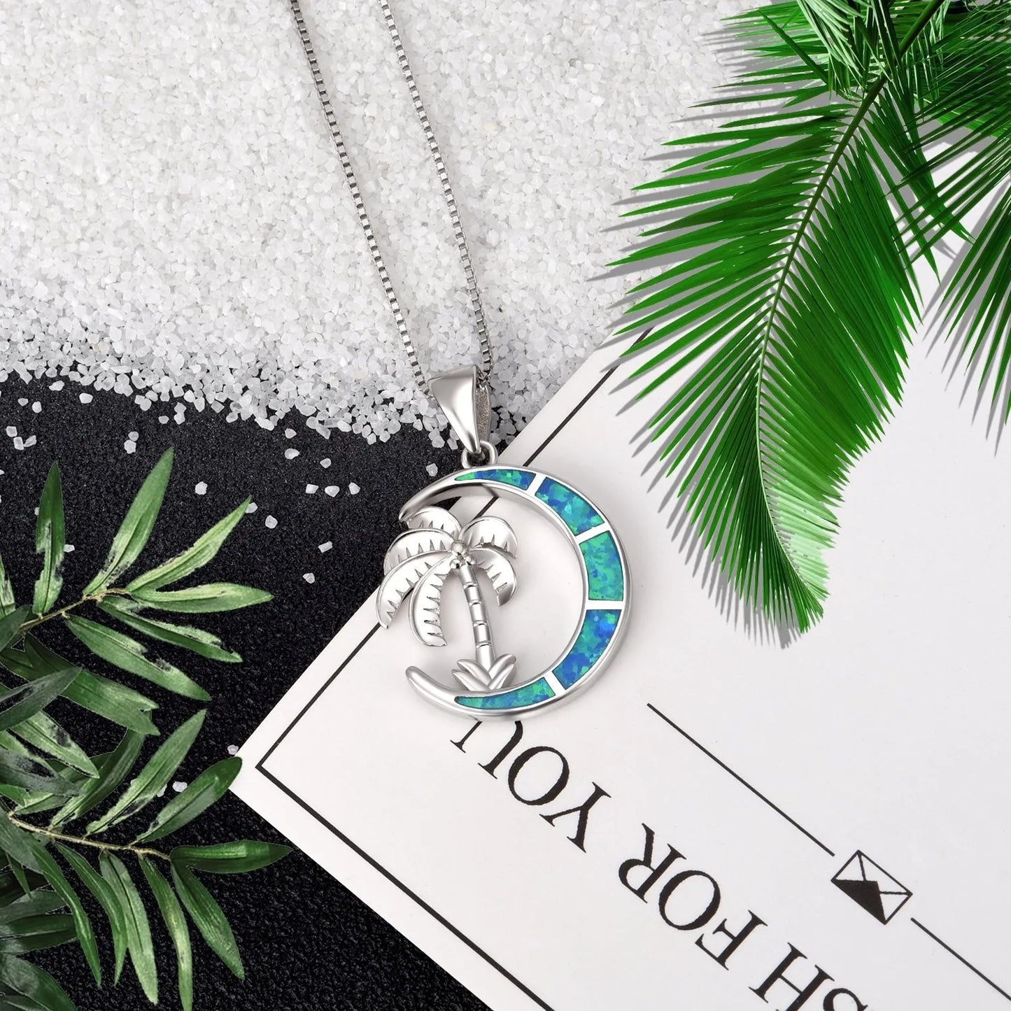 Aobao Christian Plant Hawaii Ocean Blue Moon Coconut Tree Pendant Palm Tree Opal Sweater Chain Link Chain Copper Necklace