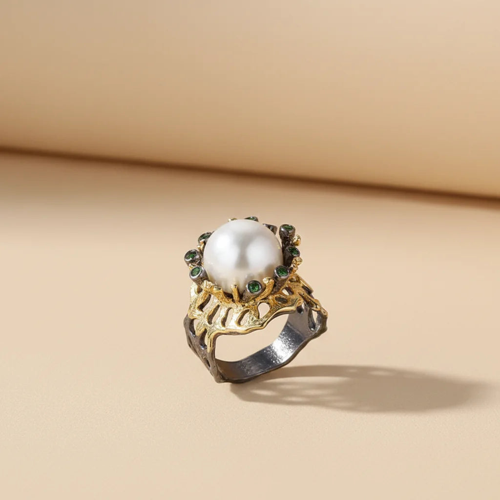Perfect Baroque Button Pearl 925 Sterling Silver Jewelry Black Ring