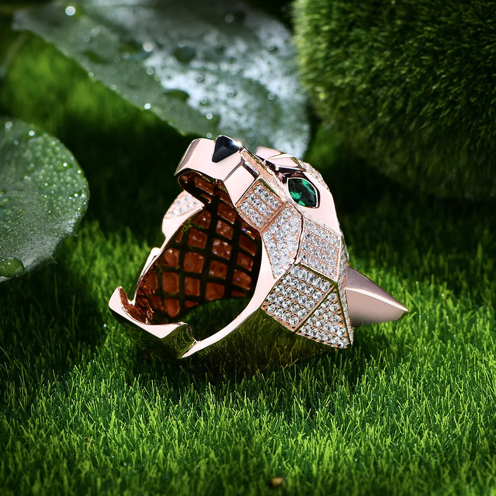 MuShan Luxury Platinum Plated Women's Wedding Party Leopard Head Ring High Carbon Diamond Precision Crafted Pure Silver Jewelry