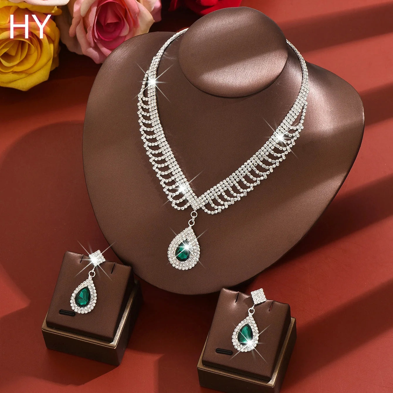 HY Wedding Jewelry Sets Shiny Rhinestone Tassel Earrings V-shaped Waterdrop Pendant Necklaces for Women Set