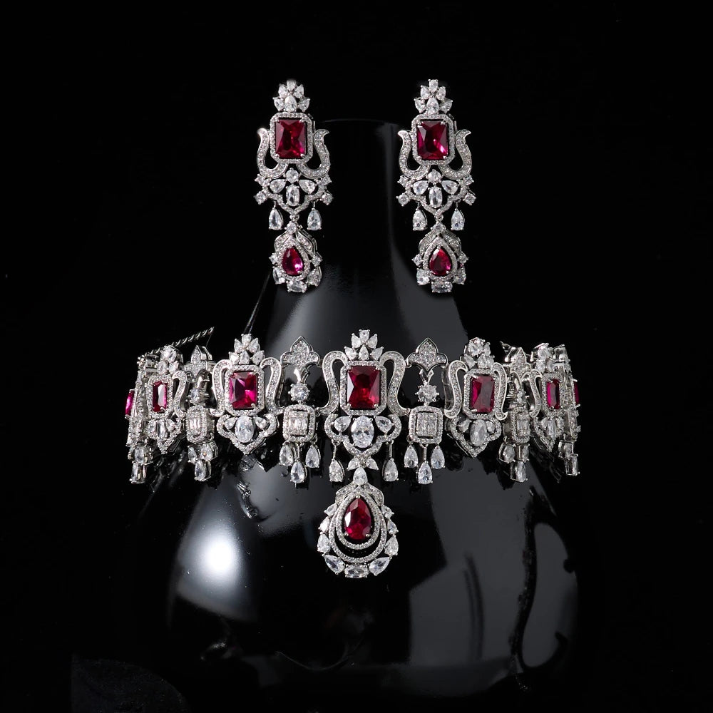 018269 Luxury Color Bridal Choker Necklace with Earrings for Women Cubic Zircon Wedding Jewelry Sets Brides Accessories Indian