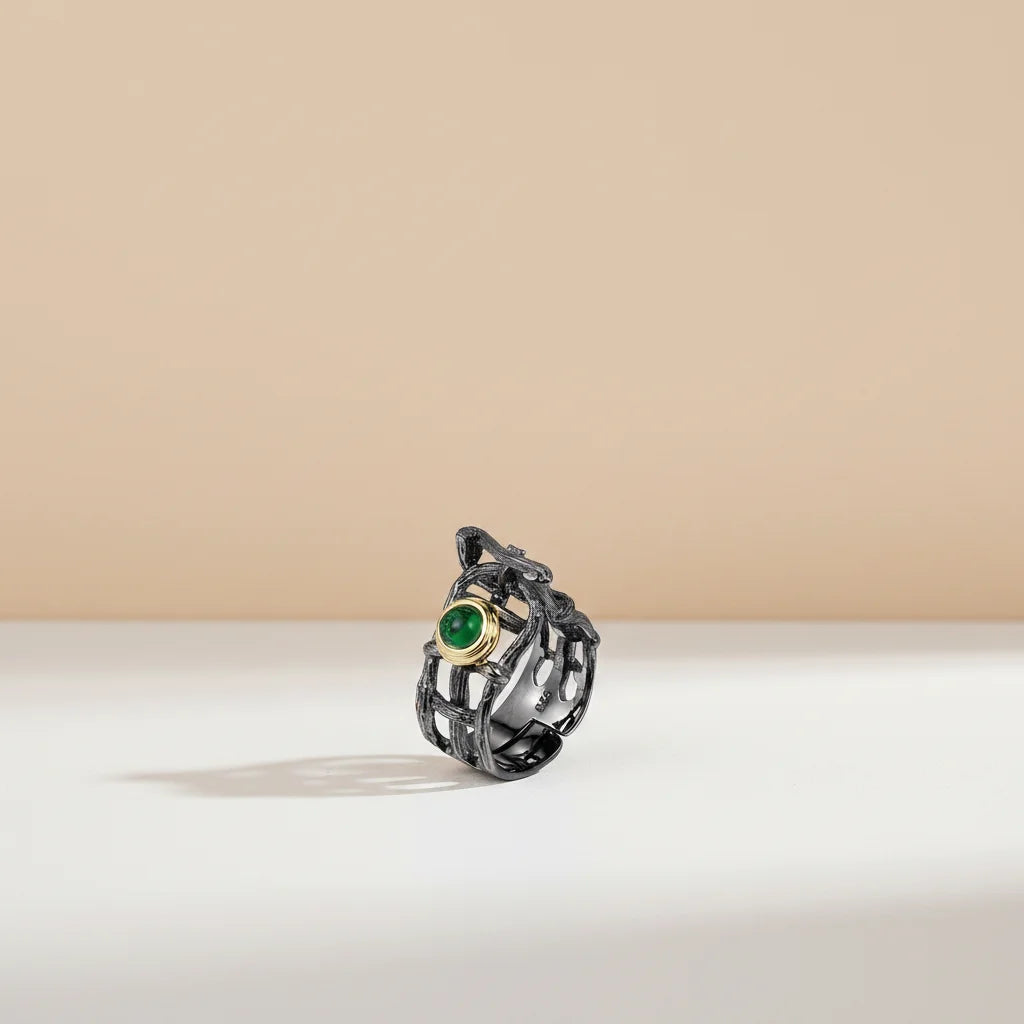 Handmade Funky Green Glass 925 Sterling Silver Black Plated Ring