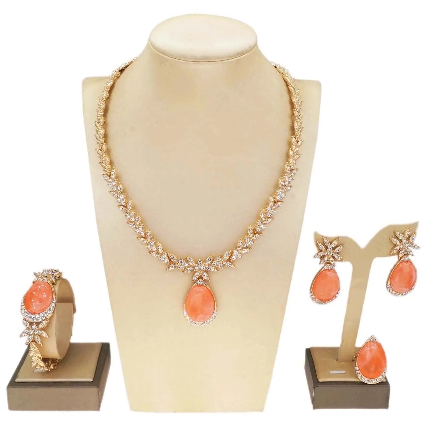 Zhuerrui Hot Selling Gold Jewelry Sets Silver Diamond Orange Drop Necklace Jewelry Set Simple Bridal Costume Pendant HC23229