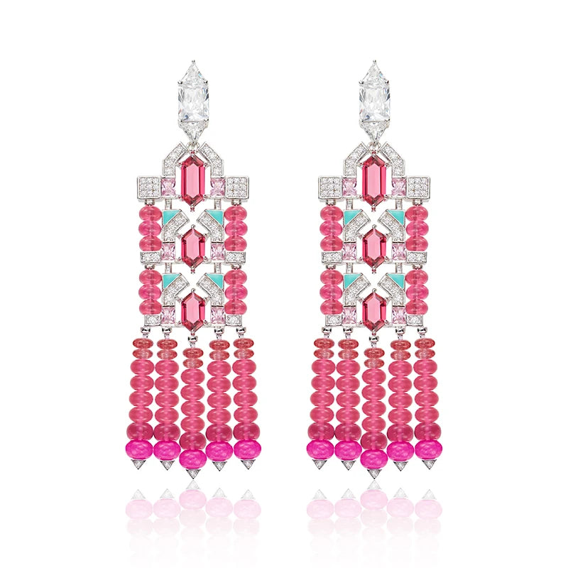 Online Purchase of Red Bead Tassel Necklace Earrings High-end Inlaid Zircon Handmade Enamel Dubai Fashion Jewelry