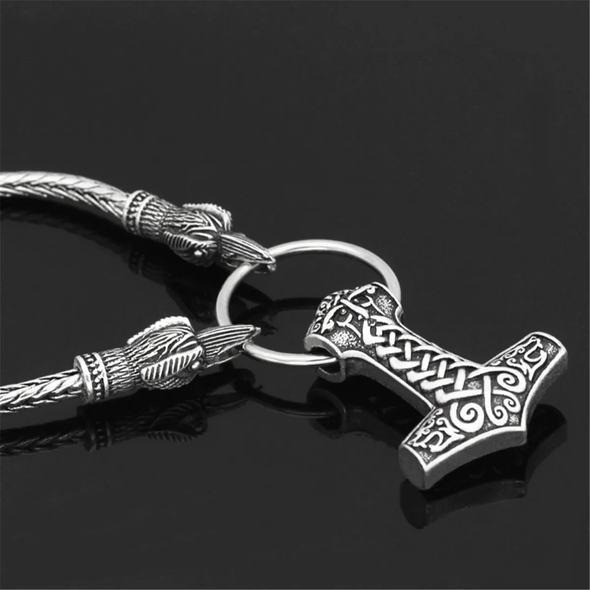 REBEL VIKING Odin Wolf Head & Thor Hammer Mjolnir Pendant Necklace – Silver 60cm