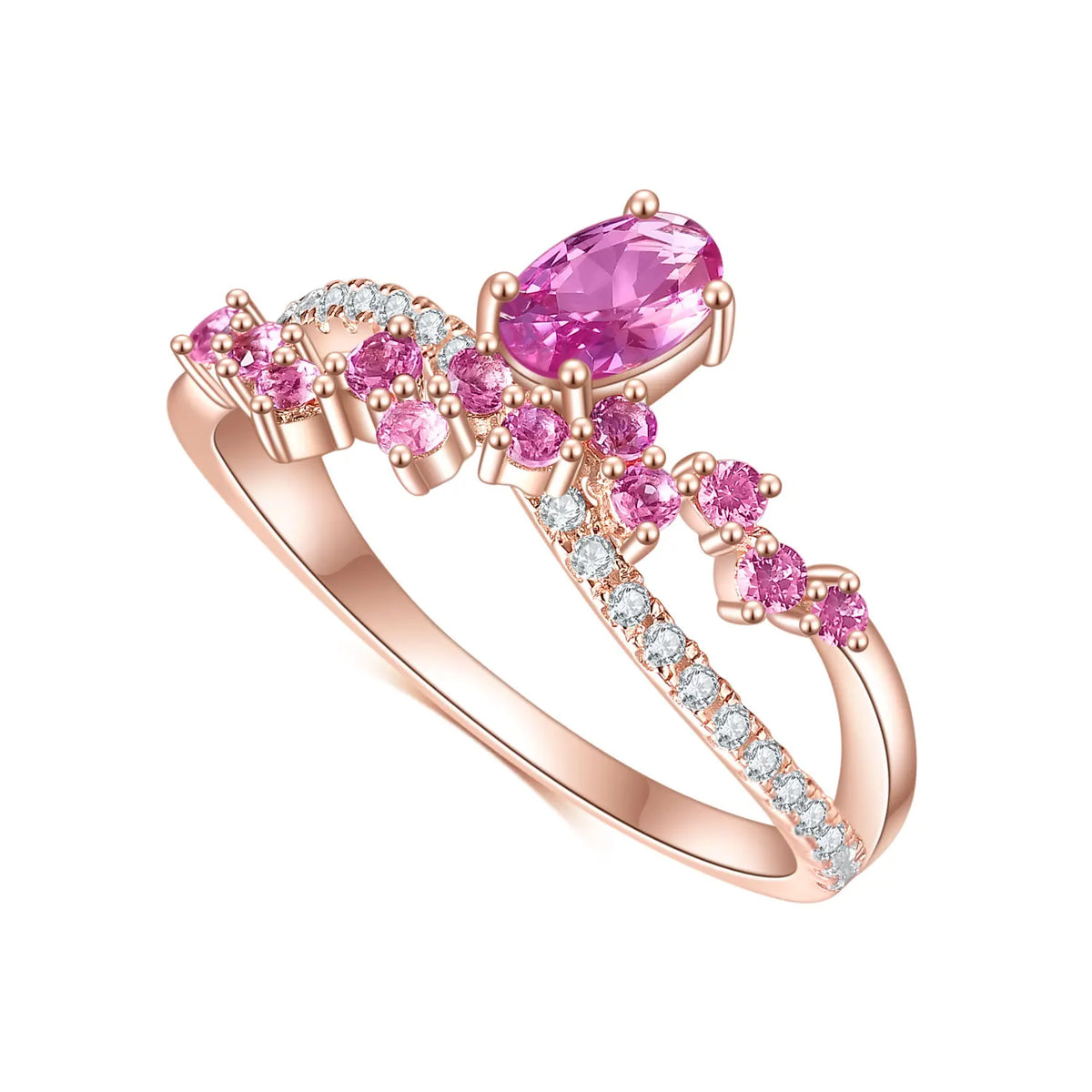 ArtistA Abiding Yellow Rose Gold Plated White & Black Cubic Zirconia 925 Sterling Silver Lab Grown Pink Sapphire Jewelry Ring