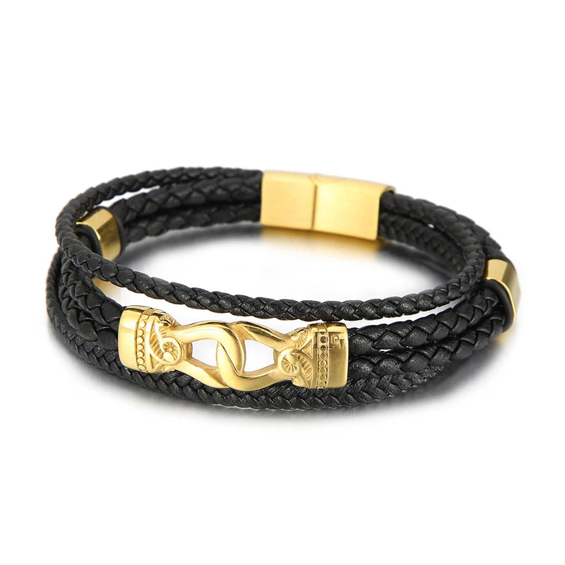 VIKING Mens Vintage Charm Leather Strand Bracelet – Black Stainless Steel