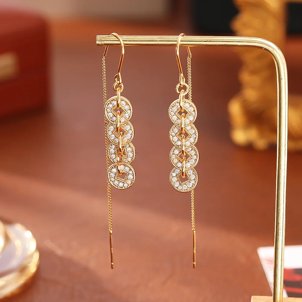 Five Emperors' Coin Pendant Necklace & Earrings | New Chinese Style Real Gold Plated Lucky Jewellery