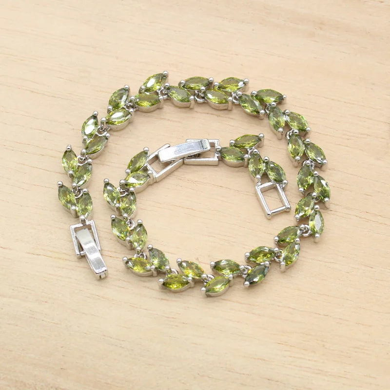XOTICA 2022 New Green Peridot 925 Silver Bridal Jewelry Sets for Women Wedding Party Engagement Bracelet Necklace Pendant Earrings Ring