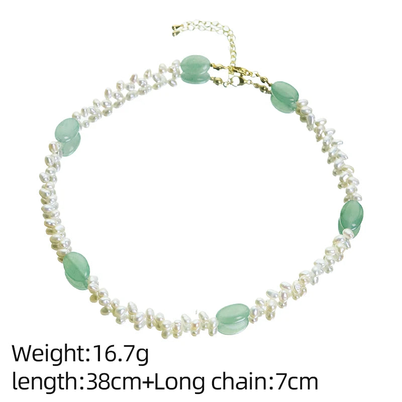GLSEEVO Natural Freshwater Pearl & Green Stone Bead 3-Piece Jewellery Set — Necklace, Bracelet & Earrings