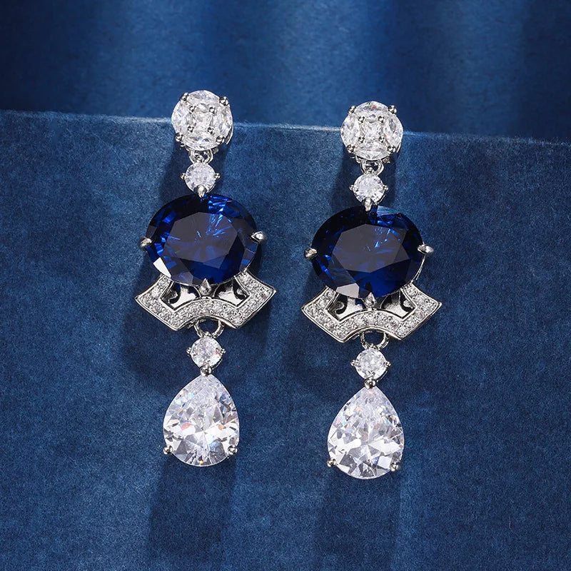 Gemfiori Micro Inlaid Zircon Earrings Long Blue Zircon Round Pendant Elegant Dress Water Droplet Earrings Jewelry Set
