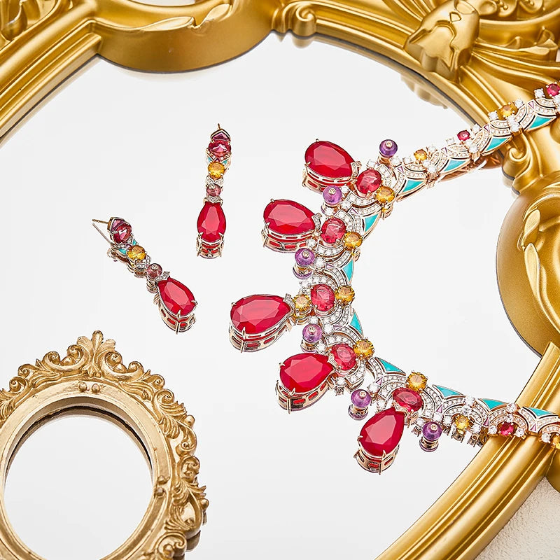 Pigeon Blood Red Zirconium Pear Shaped Sexy Women's Necklace Enamel High-end High-quality Brass Indian Jewelry Gift