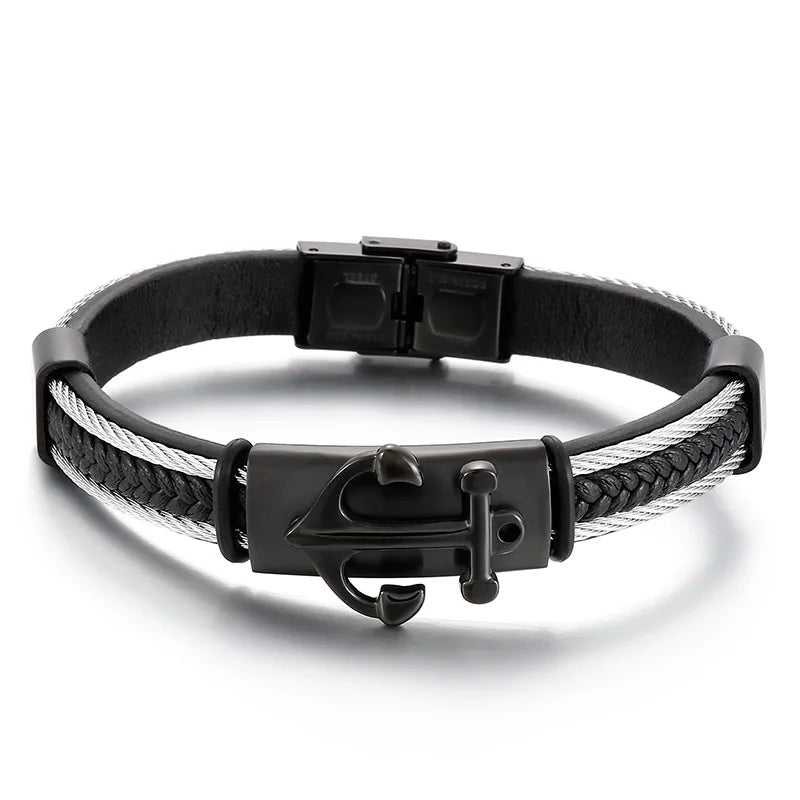 VIKING Mens Punk Stainless Steel & Cowhide Leather Anchor Bracelet