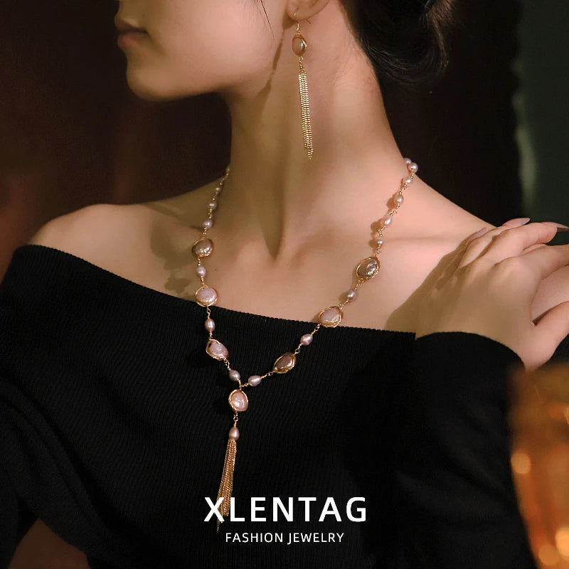 Baroque Natural Freshwater Pearl Pearl Chain Earrings Necklace Set Luxurious Design Set Gift Wedding Banquet GS0215