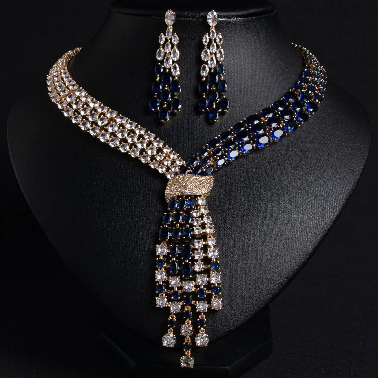 Luxury Oval-Cut Zirconia Dubai & Moroccan Tassel Statement Necklace & Earrings Bridal Set — Gold & Rhodium Plated