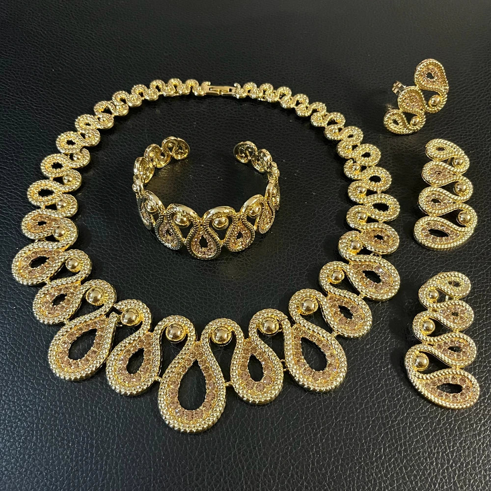 Zhuerrui Retro Infinity Gold Plated Textured Chain Jewelry Set Women Necklace Earrings Bracelet Ring Daily Wear Jewelry I0100