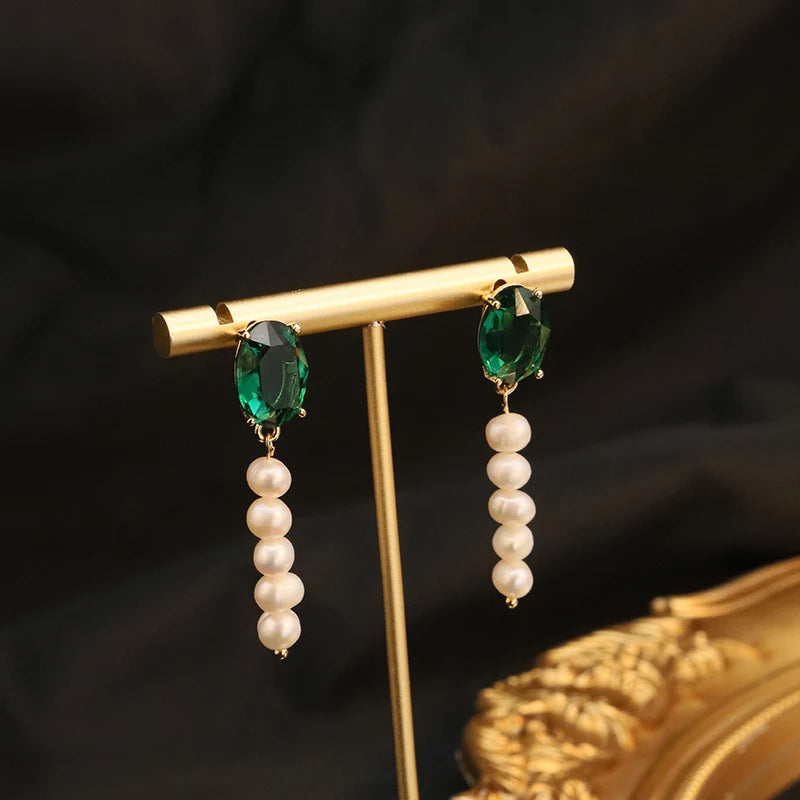 Natural Baroque Pearl Emerald Drop Water Crystal Piercing Earrings for Women Wedding Party Luxurious Elegant Handmade Jewelry