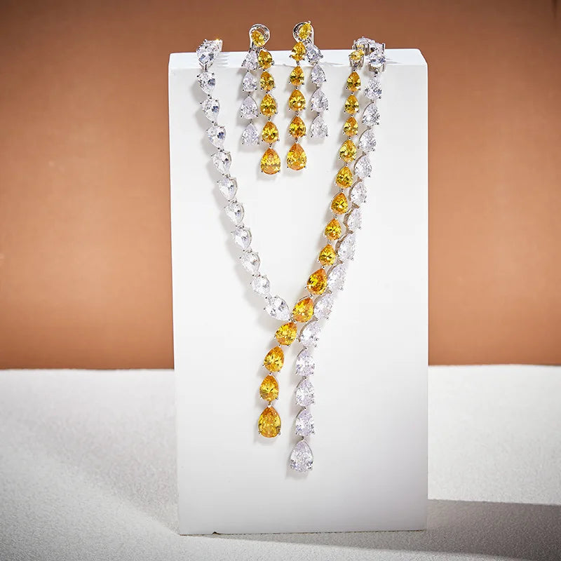 Luxury Pear-Cut Cubic Zirconia Water Drop Tassel Necklace & Earrings Romantic Middle Eastern Bridal Set — Rhodium Plated