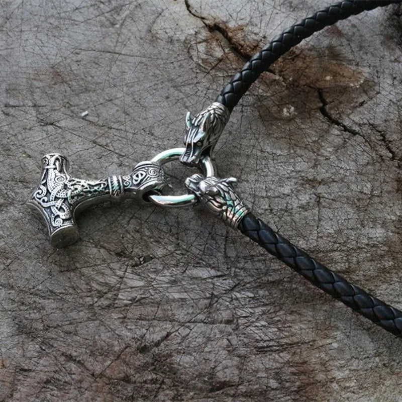 REBEL VIKING Dragon Head & Mjolnir Thor Hammer Pendant Necklace – Stainless Steel