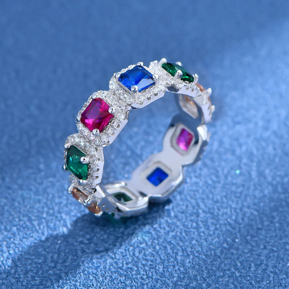 SILVERELLI Grandmother Emerald Square Diamond Ring | 925 Sterling Silver | Platinum Plated