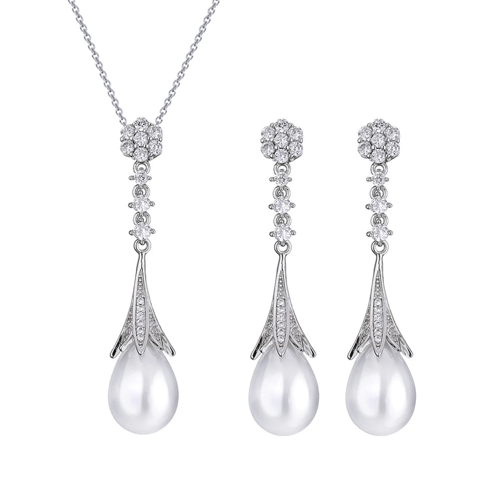Exquisite Shiny Cubic Zircon Simulated Pearl Pendant Necklace and Earrings Bridal Wedding Party Pearls Jewelry Set for Women