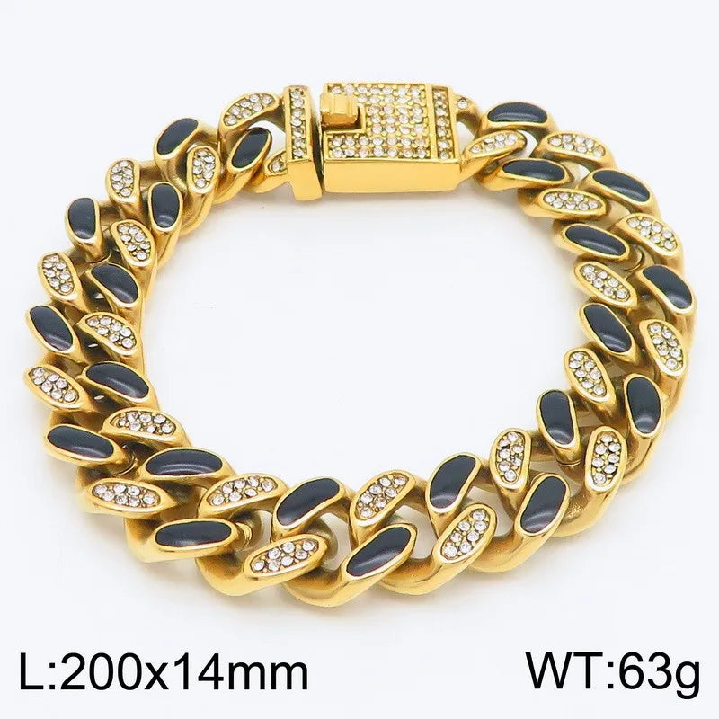REBEL Unisex Hip-hop 205mm Stainless Steel&Rhinestones Cuban Links Bracelet