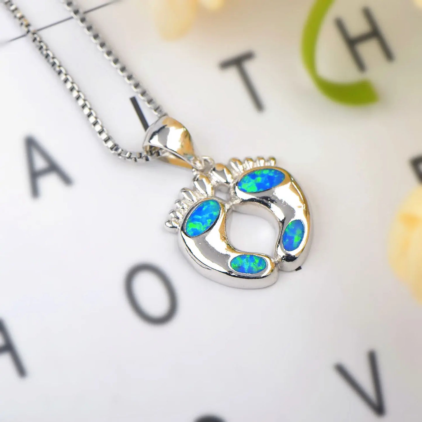 New Arrival Blue Opal Footprint Necklace - Dainty Beach-Inspired Pendant for Women Sweater Chain