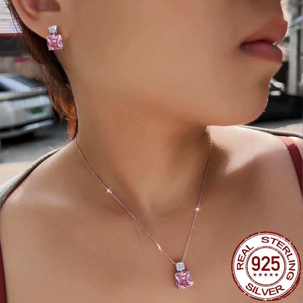 Elegant Fine Zirconia Jewelry Set 925 Sterling Silver Pink CZ Square Pendant Necklace Earrings Jewelry Set for Women Party Gifts